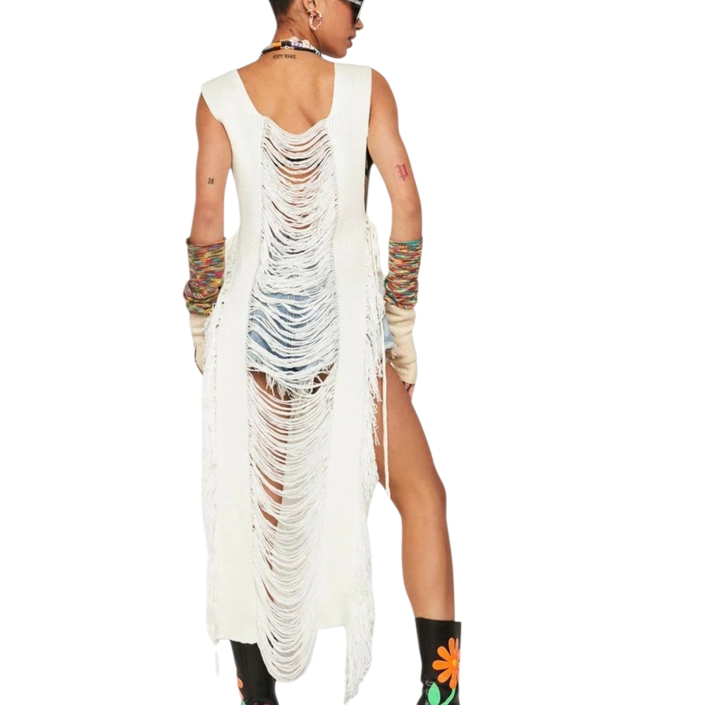 Crochet Beach Dress: Bohemian Hallow Sleeveless With Slit Sz XL - Picture 3 of 8